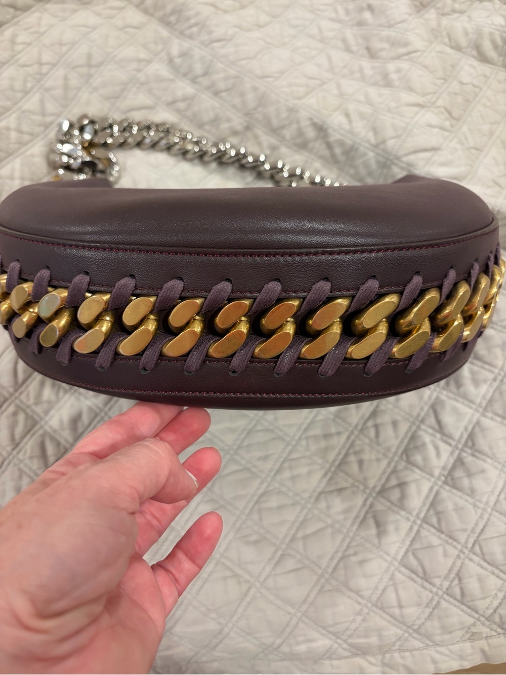 Stella McCartney Frayme Wine Burgundy Shoulder Bag with Chunky Two-Tone Chain - Picture 5 of 15